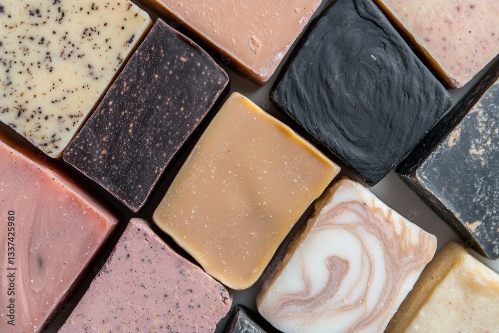 Fototapeta premium view of neatly arranged handmade soap bars, each unique in its marbling, speckling, and smooth matte texture