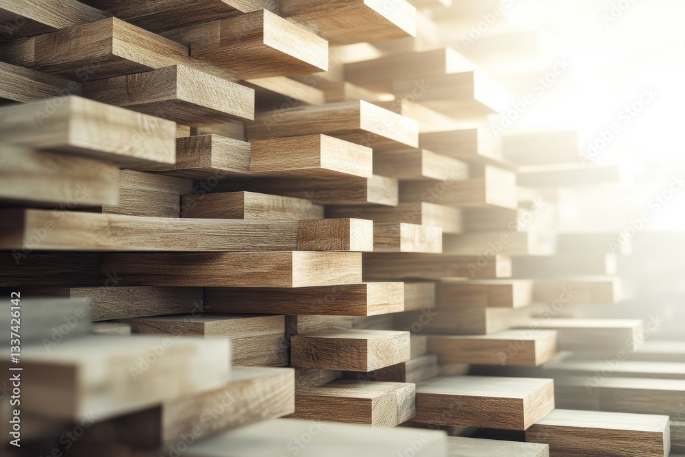 Graphic layouts showcase stacked wooden materials in a modern design setting Graphic layouts showcase stacked wooden materials in a modern design setting