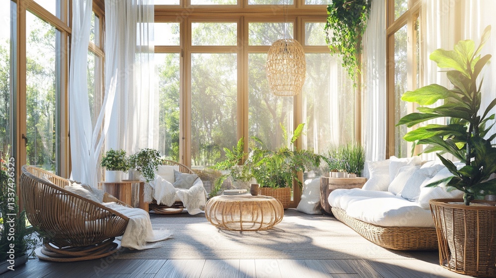 Fototapeta premium Stunning Boho-Inspired Sunroom: A Cozy Retreat with Lush Greenery, Wicker Furniture, and Soft Linen Drapes Bathed in Natural Light – Perfect for Relaxation and Aesthetic Appeal.