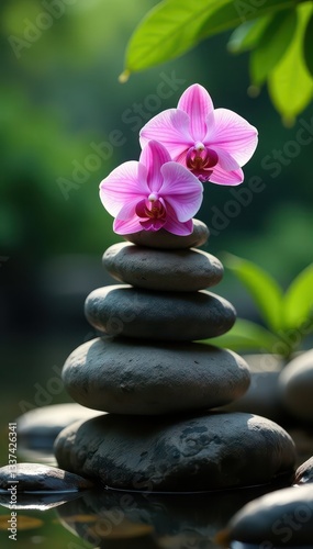 Serene stone stack, delicate pink orchid blooms in natural setting , stack, pile