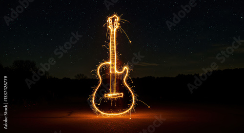 Light Painting of Guitar with Sparkles Against Night Sky