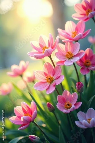 Swirling pastel hues depict abstract spring flowers bathed in sunlight , peaceful, romantic, modern art