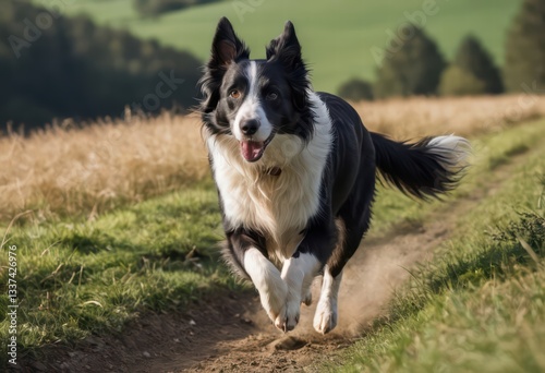 border collie dog running happy in the countryside, among the hills, cloudly sky, doggy playing outdoors in the nature