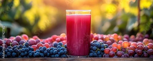 Glass of grape juice with vineyard background	 photo