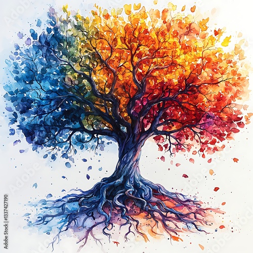 Multicolor watercolor tree symbolizing growth high resolution design
