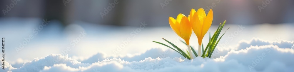 Naklejka premium Yellow crocus emerging from snowdrift, early spring , outdoor, floral