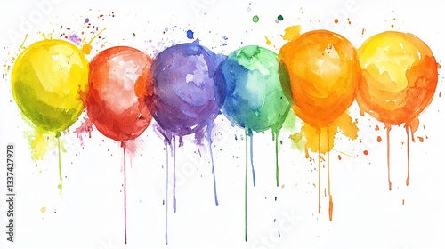 Stunning Watercolor Art of Vibrant Rainbow Balloons: A Colorful Splash of Red, Orange, Yellow, Green, Blue, and Purple on White Background, Perfect for Celebrating Joyful Moments and Artsy Decor