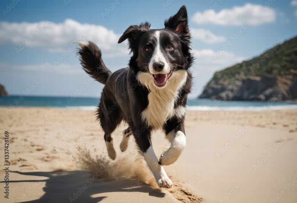 Fototapeta premium border collie dog running outdoors on the sand of the beach, doggy playing outdoor on the coast of the shore near the water and the waves ocean