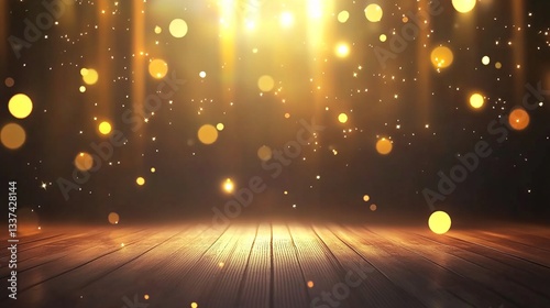 Captivating Empty Stage Scene with Warm Golden Lights and Gentle Bokeh Effects - Perfect for Elegant Performances in a 16:9 Aspect Ratio