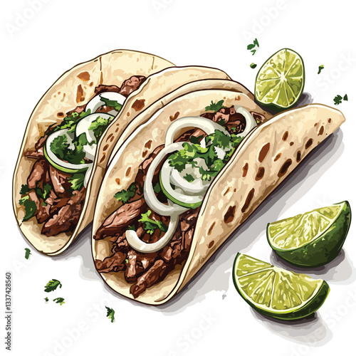 Delicious Carne Asada Tacos with Onions and Lime Vector Illustration