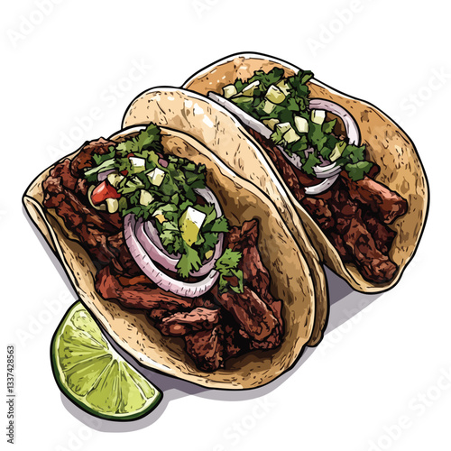 Delicious Carne Asada Tacos with Onions and Lime Vector Illustration