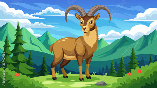 natural male alpine capra ibex capricorn blue sky green meadow