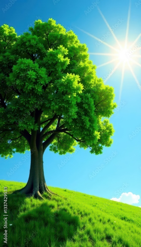 Fototapeta premium Lush green tree, vibrant summer sun, blue sky , background, natural, photography