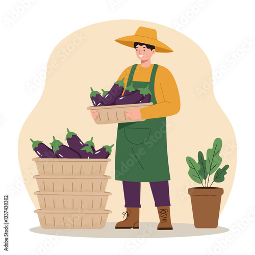 Farmer Holding Eggplant Basket After Harvest in Garden Illustration