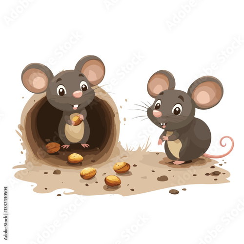 Cute Cartoon Mice Underground - Little Mouse with Seed EPS