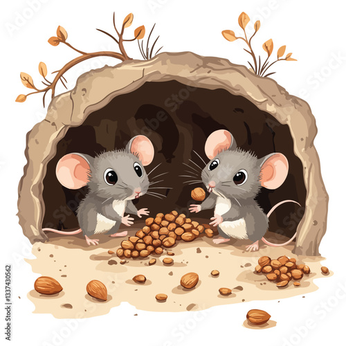 Cute Cartoon Mice Underground - Little Mouse with Seed EPS