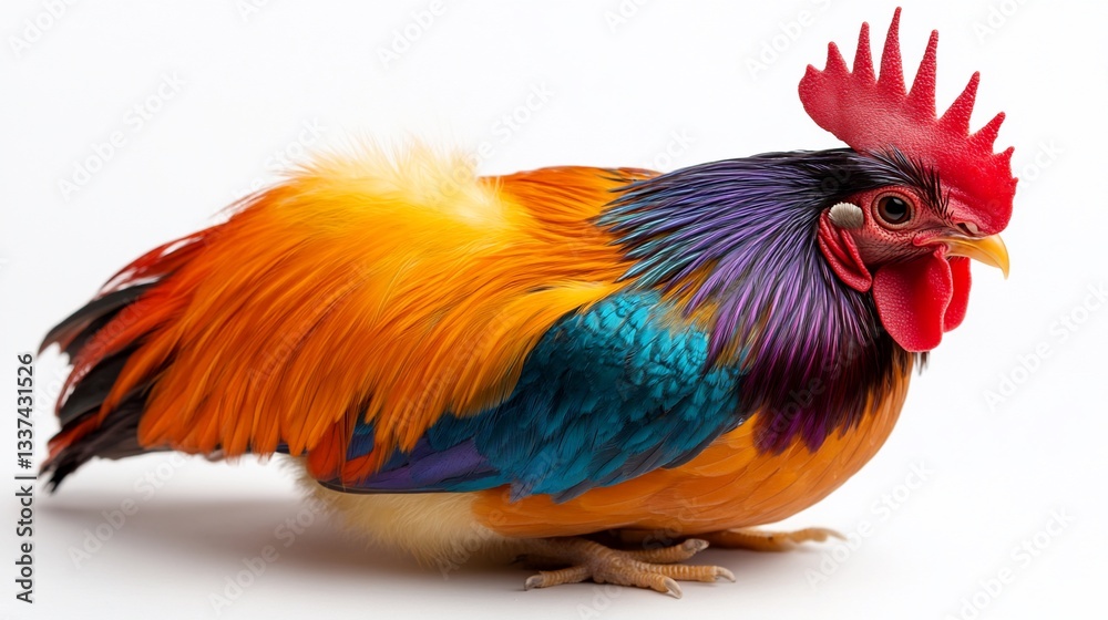 Fototapeta premium Vibrant Plumage: A Colorful Rooster Displaying Vivid Feathers on a White Background