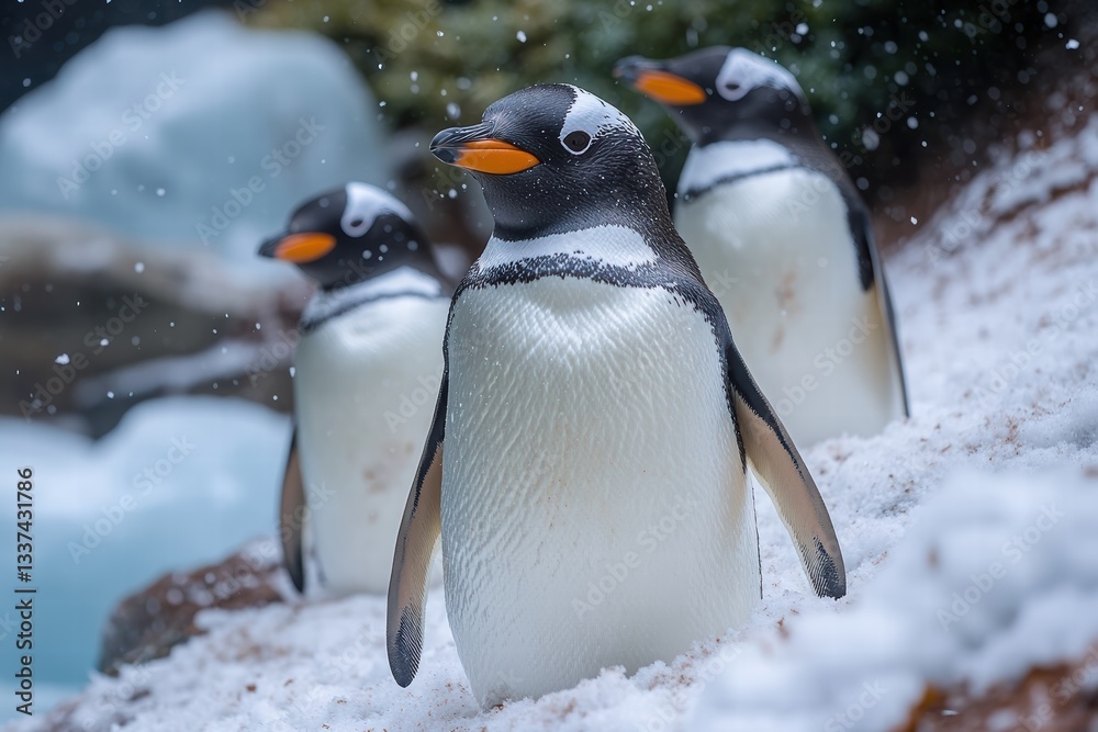 Obraz premium Exploring the icy coast with penguins in a snowy environment surrounded by icebergs