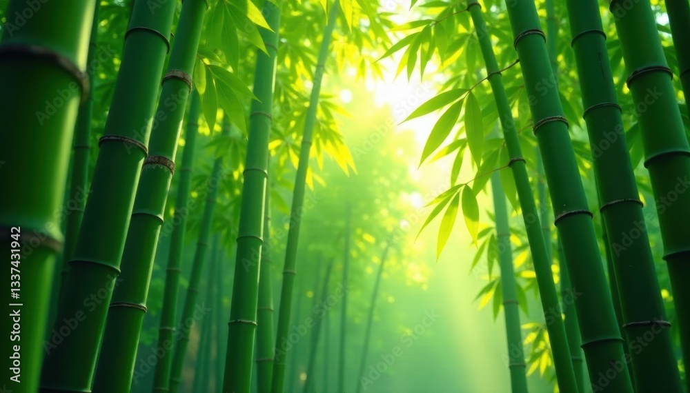 Fototapeta premium Dense bamboo stalks, dappled sunlight filters through leaves, tranquil, image, asian