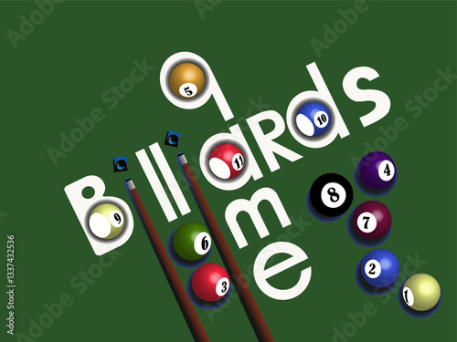 Billiard balls with stylized text design on a green background. Vector illustration. Eps 10. For interior design and prints in the style of sports and recreation
