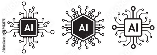 Ai chip icon set. computer microchip vector symbol. semiconductor micro chip hardware sign. robot brain artificial intelligence processor vector icons pack.