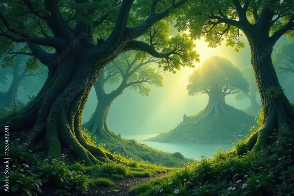 Mysterious airborne grove, island below Ancient trees, misty air , tranquil, scenery, mysterious Mysterious airborne grove, island below Ancient trees, misty air , tranquil, scenery, mysterious