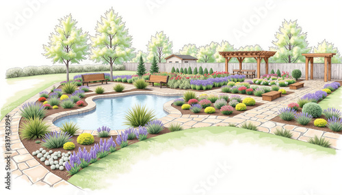 Garden layout sketch with plants pathways and landscape design elements