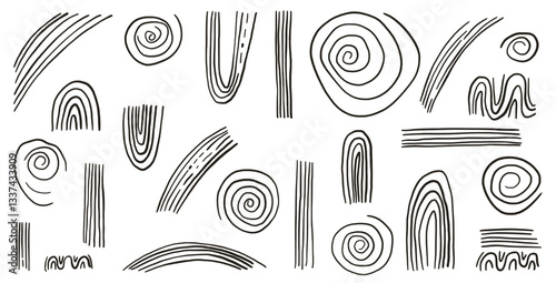 Boho arch, spiral and squiggle lines. Charcoal rough figures silhouette set. Abstract japandi decor. Vector crayon thin elements zen aesthetic. Hand drawn collection illustration on white background.