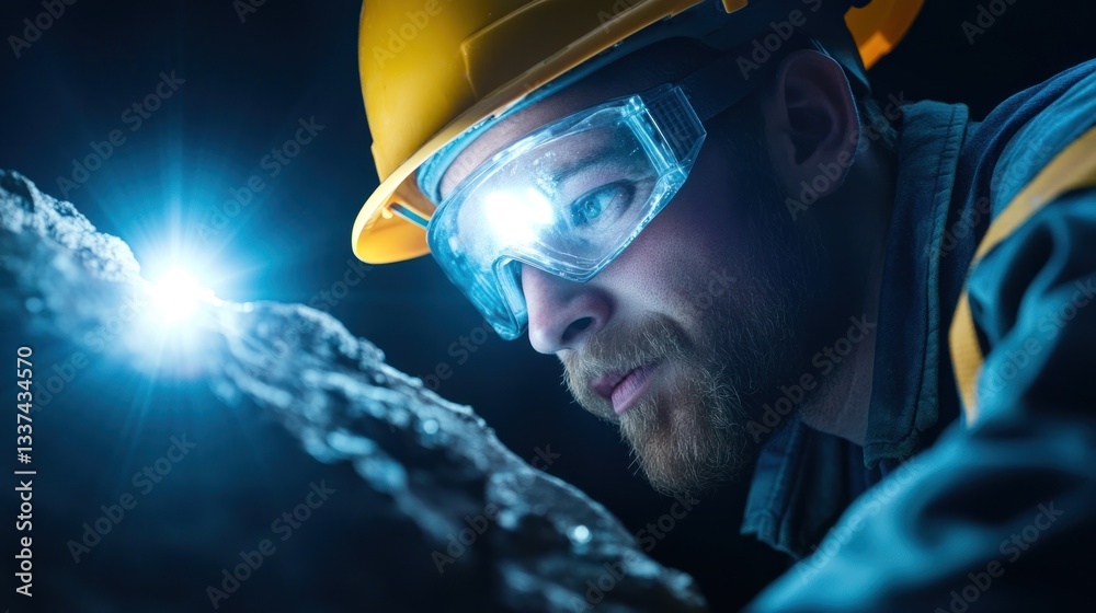 Focused Miner Inspecting Ore Vein in Dark Mine Shaft Focused Miner Inspecting Ore Vein in Dark Mine Shaft