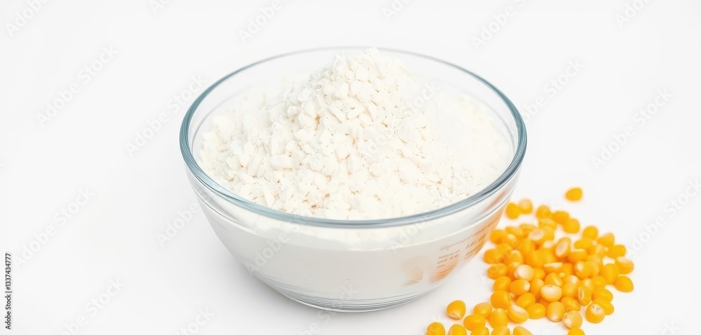 Clear glass bowl filled with white flour and yellow corn kernels, isolated on white background, grains, healthy Clear glass bowl filled with white flour and yellow corn kernels, isolated on white background, grains, healthy