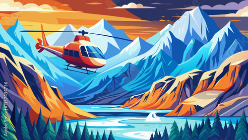 A helicopter flying on a sunny day in glacier covered mountains