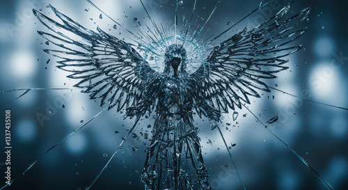 Abstract Angel Sculpture with Broken Glass Wings in Ethereal Blue Light