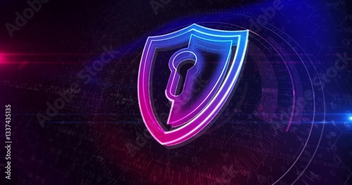Shield cyber security computer system protection cyber 3d symbol. Digital neon icon concept abstract seamless and looped animation.