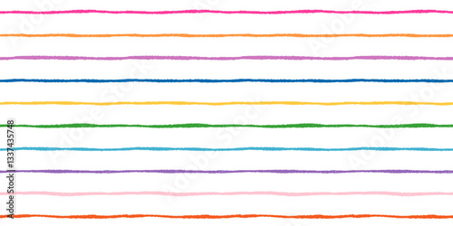 Rainbow colors organic jagged horizontal vector stripes seamless pattern, thin colorful wavy lines cute summer background