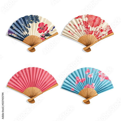 Elegant Chinese Japanese Hand Fan Set on Silk Background