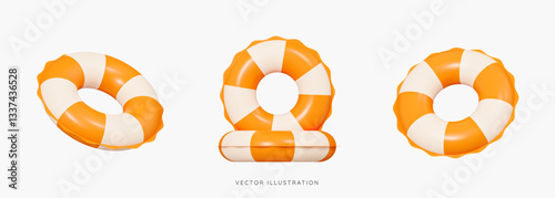 3D Inflatable swimming ring in orange icon set. Rubber pool toy. Swim lifesaver. Summer time objects. Travel and vacation. Cartoon design icons isolated on white background. 3D Vector illustration