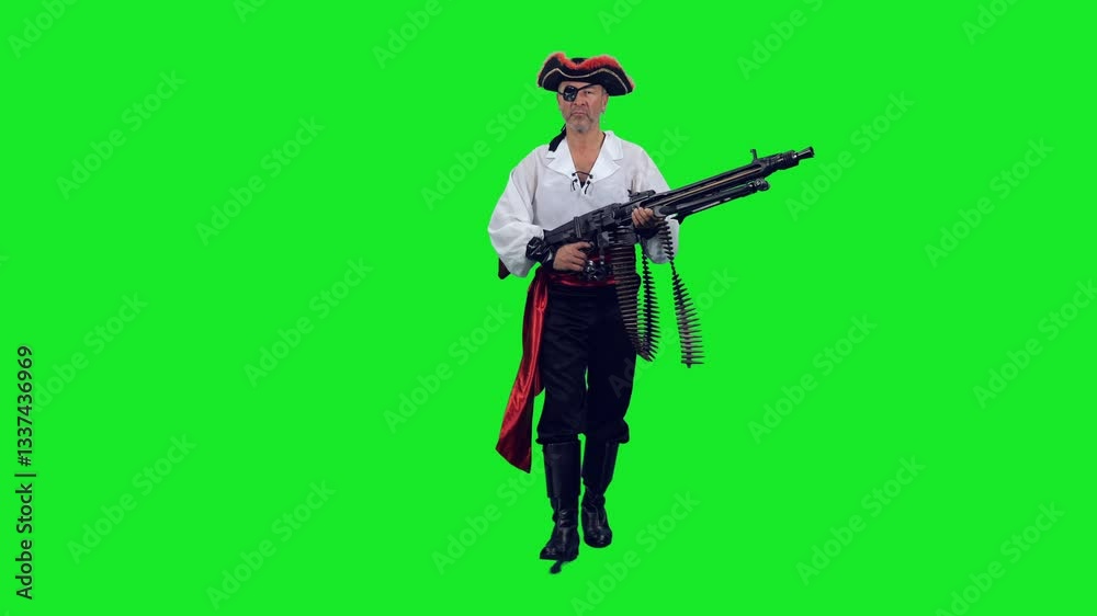 Cinematic style of adult man in pirate costume walks with a machine gun and cartridge belt on green chroma key background, 4k pre-keyed footage Cinematic style of adult man in pirate costume walks with a machine gun and cartridge belt on green chroma key background, 4k pre-keyed footage