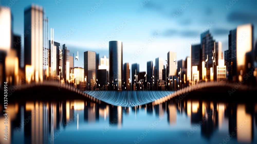 Obraz premium Modern cityscape at twilight, with skyscrapers and reflections on calm water.