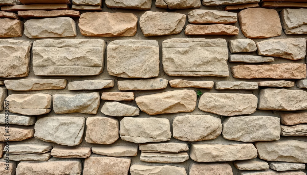 Fototapeta premium Rustic natural stone retaining wall, textured surface, varying stone sizes, garden, boulders