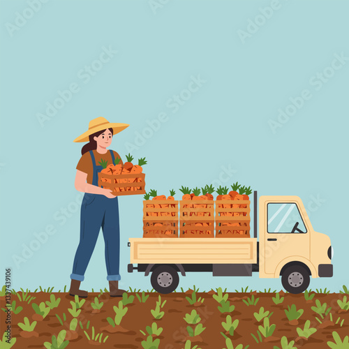 Farmer Harvesting Carrots and Loading Truck in Field Illustration