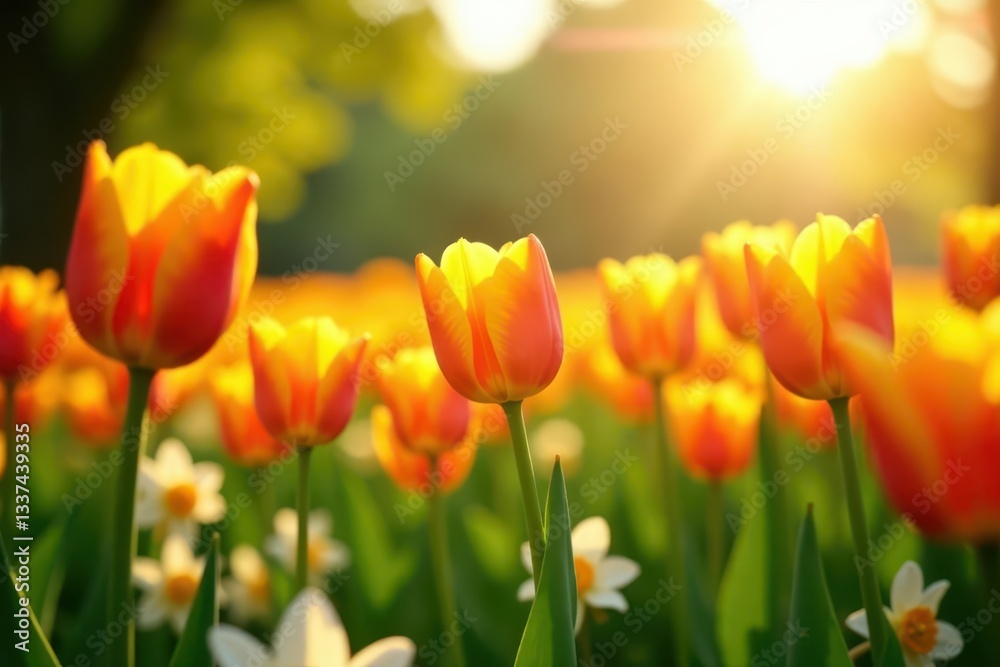 Sunlit field of orange tulips and white narcissus, beautiful, art, flora Sunlit field of orange tulips and white narcissus, beautiful, art, flora