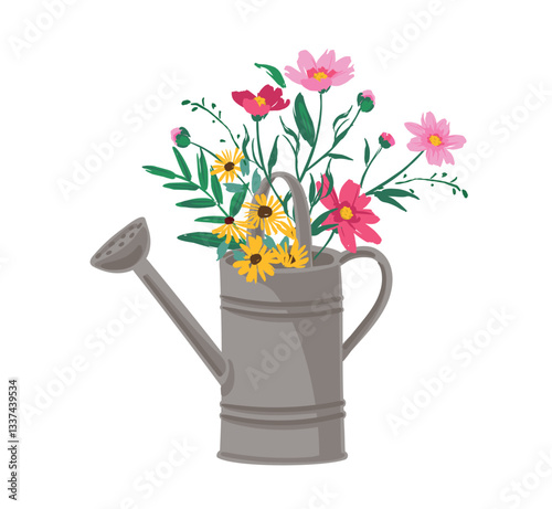 Garden watering can with a bouquet of lavender. Vector isolated illustration. Design element