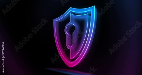 Shield cyber security computer system protection glass style symbol seamless and looped. Colour transparent 3d light neon rotated icon concept abstract animation.