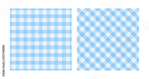 Blue gingham seamless patterns. Checkered texture for napkin, blanket and throw. Textile square geometric backgrounds.
