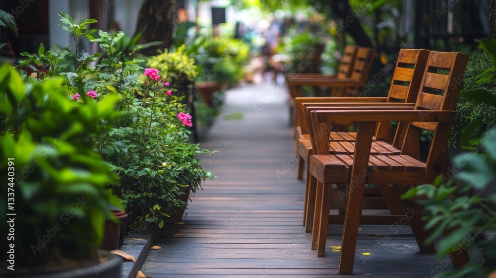 Obraz premium Wooden chairs are placed in the outdoor garden for people to sit and relax.