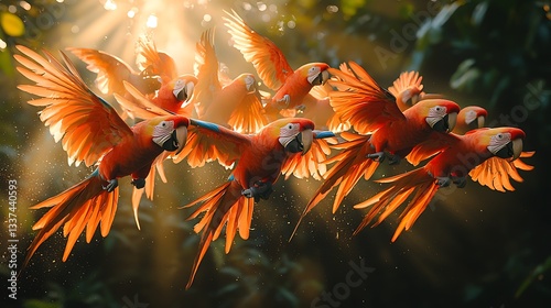 Parrots soaring through jungle at sunset high resolution wallpaper