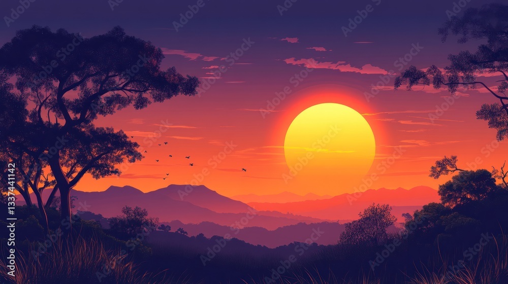 Vibrant sunset over mountains with silhouetted trees and birds. Vibrant sunset over mountains with silhouetted trees and birds.