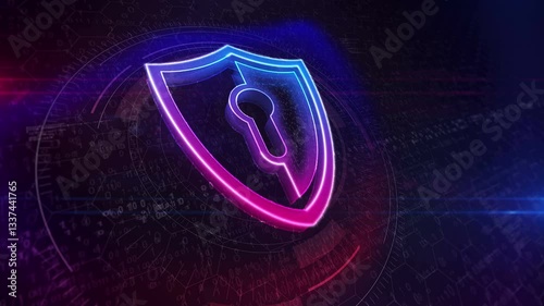 Shield cyber security computer system protection cyber 3d symbol. Digital neon icon seamless and looped abstract concept animation.
