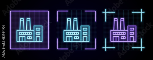 Factory illustration, cyber neon visual, glowing border grid vector.	