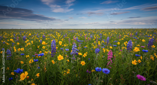 Colorful Wildflower Meadow in Spring with Scenic View Under Cloudy Sky
